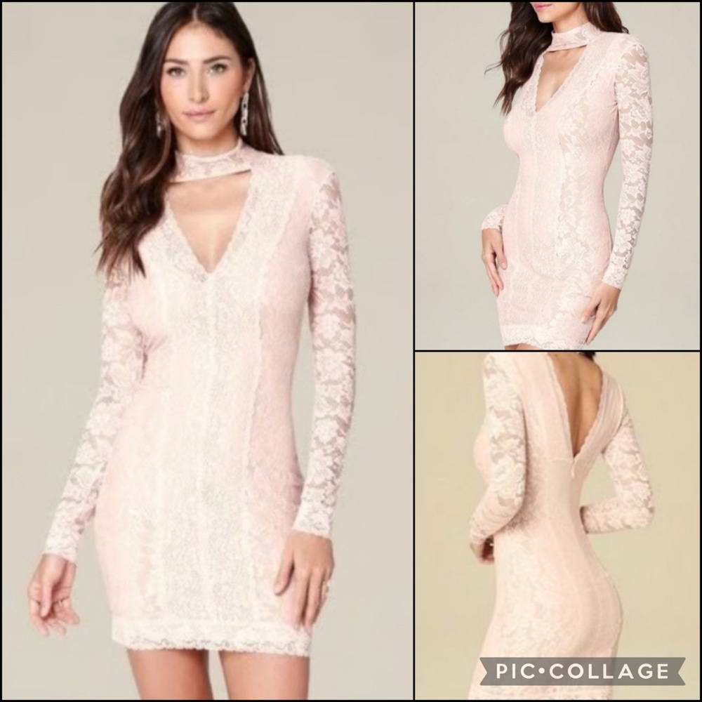 BEBE Cream Floral Lace Choker Mock Neck Mini Dress - Picture 3 of 12